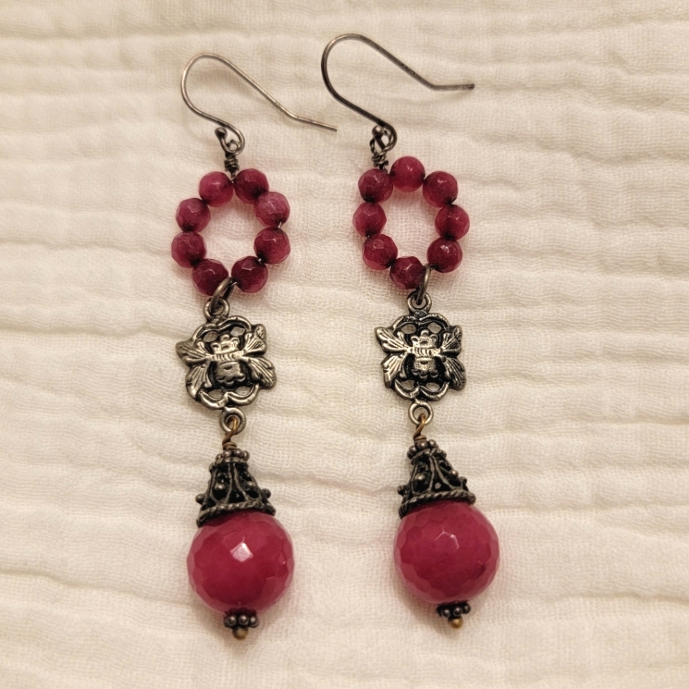 Boho Silver and Fuschia Beaded Drop Earrings